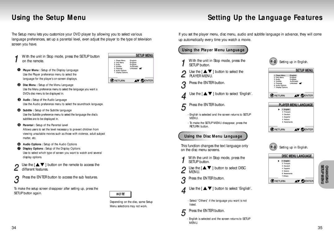 Samsung DVD Playe manual Using the Setup Menu, Setting Up the Language Features, Using the Player Menu Language 