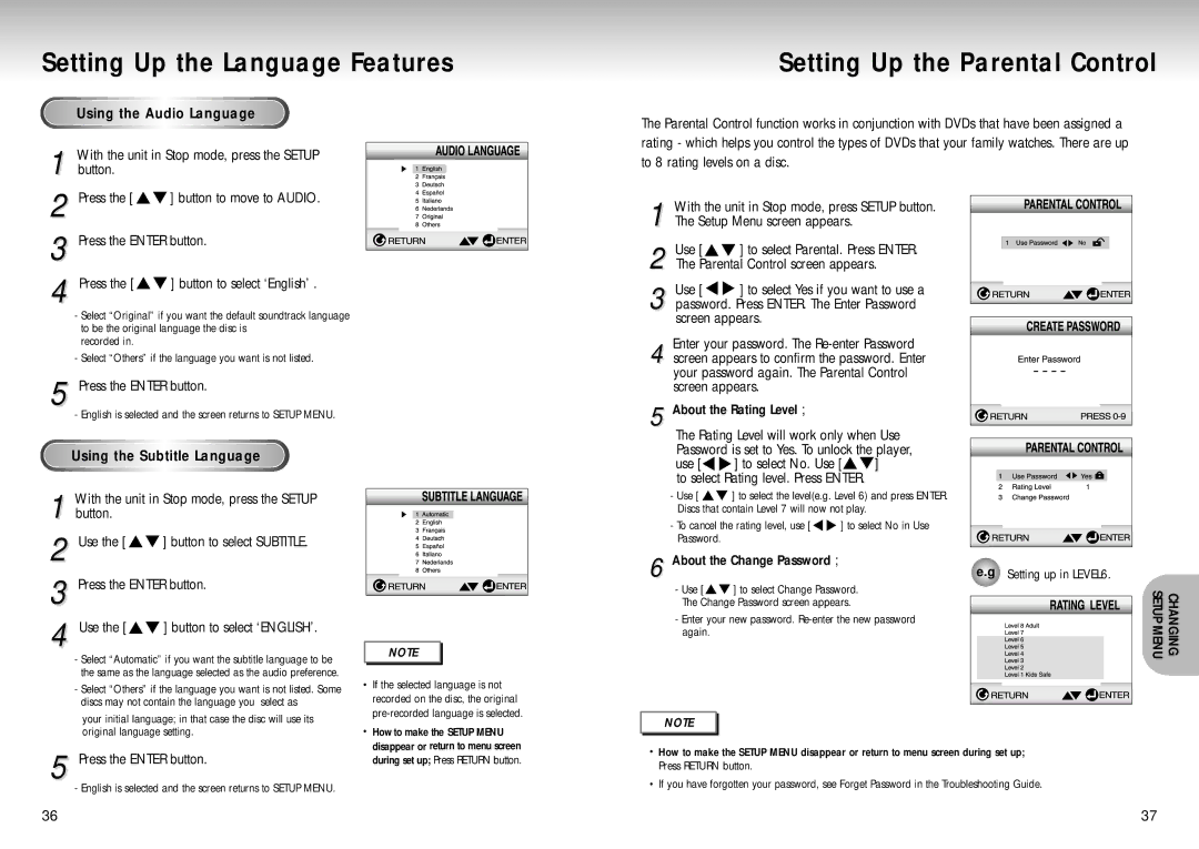 Samsung DVD Playe Setting Up the Parental Control, Using th e Audi o Languag e, Button Press, Using the Subtitle Language 