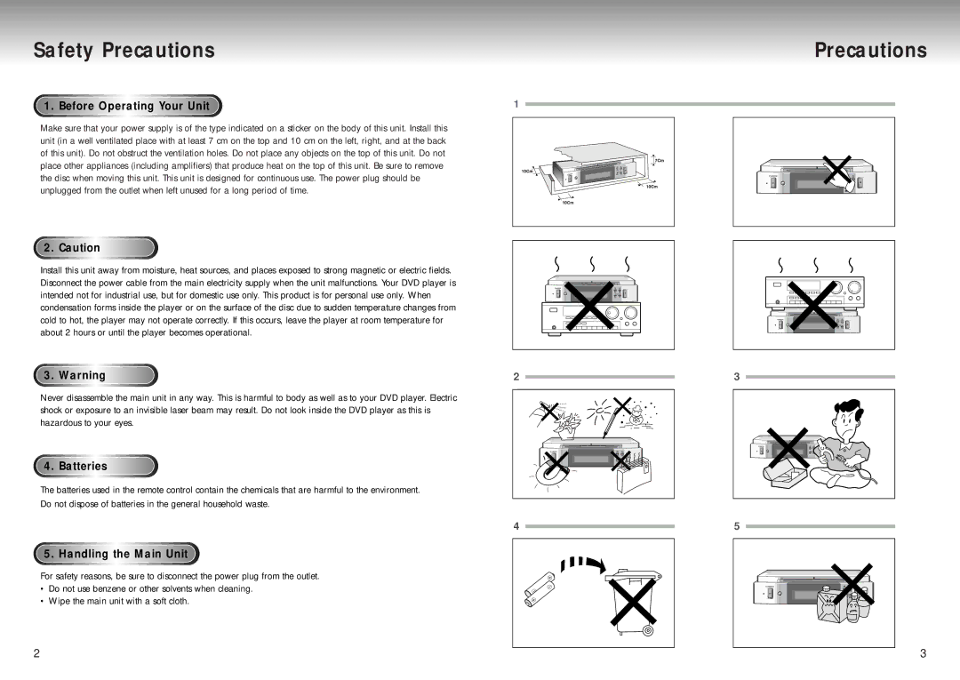 Samsung DVD Playe manual Safety Precautions, Before Operating Your Unit, Bat t e rie s, Handling the Main Unit 