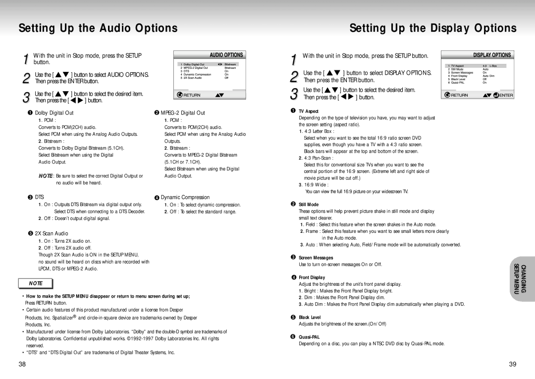 Samsung DVD Playe manual Setting Up the Audio Options, Setting Up the Display Options, Then press the Enter button Use 