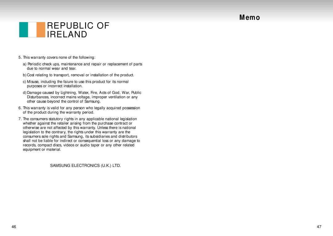 Samsung DVD Playe manual Republic Ireland, Memo 