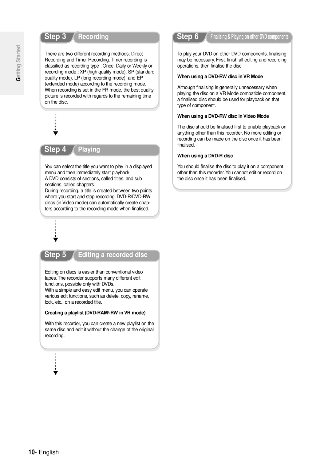 Samsung DVD-R100E/EUR manual Creating a playlist DVD-RAM/-RW in VR mode, When using a DVD-RW disc in VR Mode 