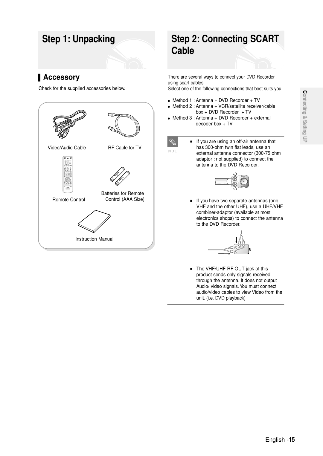 Samsung DVD-R100E/EUR manual Unpacking, Connecting Scart Cable, Accessory 