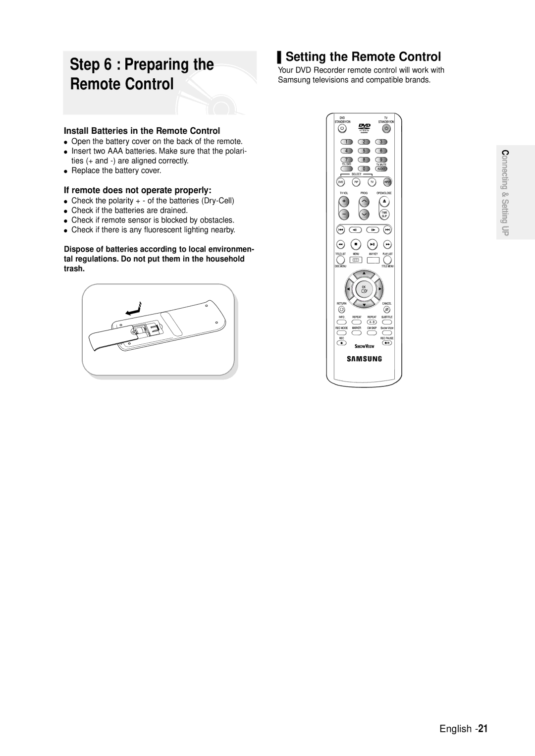 Samsung DVD-R100E/EUR manual Setting the Remote Control, Install Batteries in the Remote Control 