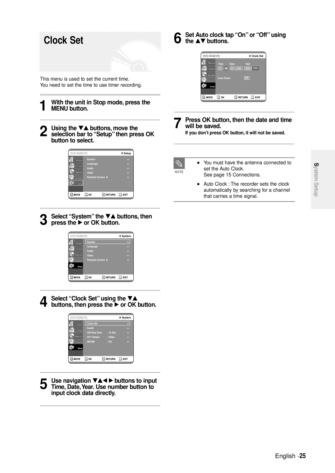 Samsung DVD-R100E/EUR manual Clock Set, Menu button, Select System the †… buttons, then press the √ or OK button 