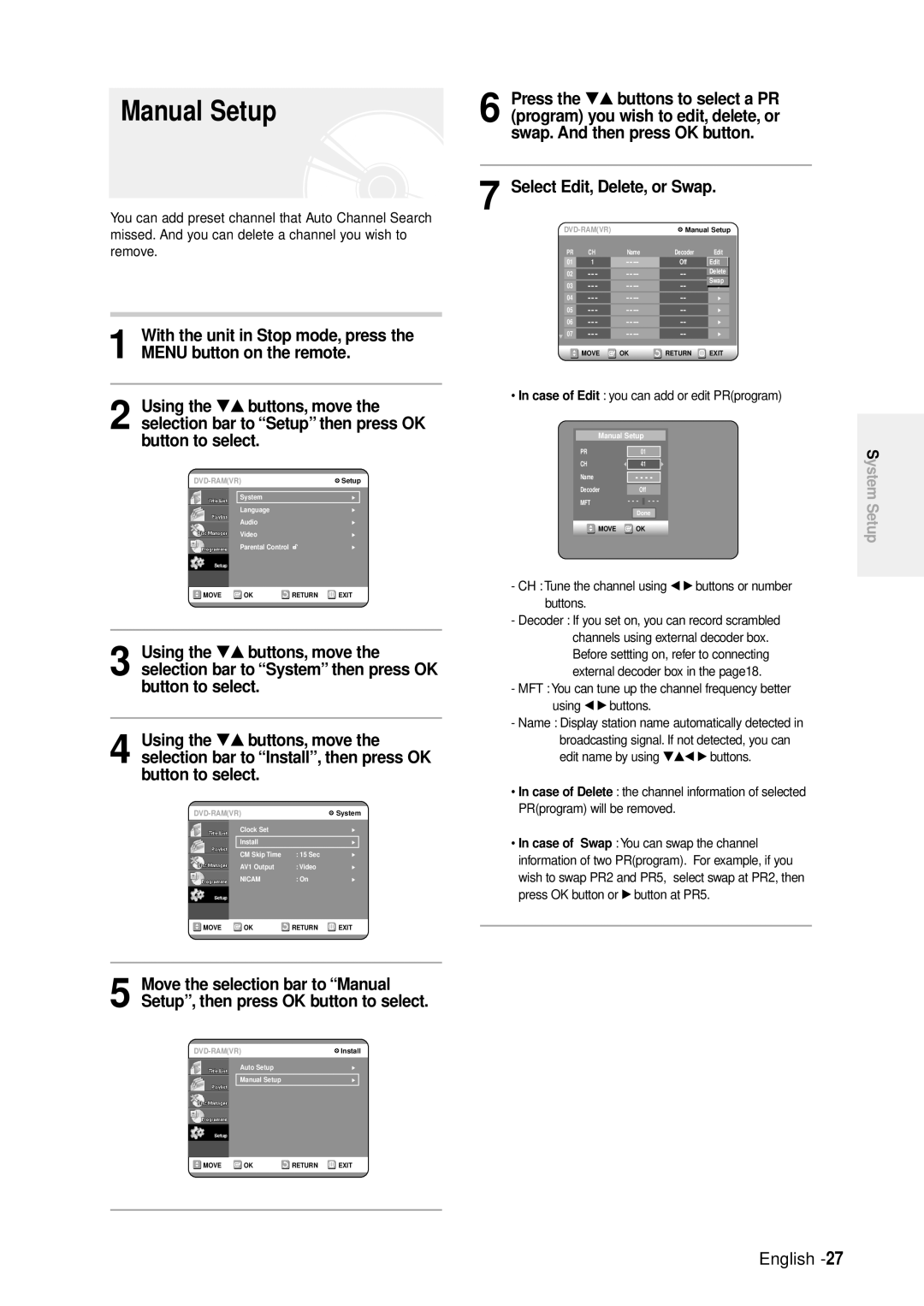 Samsung DVD-R100E/EUR manual Manual Setup, Select Edit, Delete, or Swap 