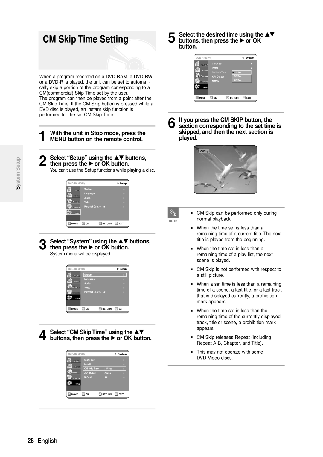 Samsung DVD-R100E/EUR manual CM Skip Time Setting, Menu button on the remote control, With the unit in Stop mode, press 