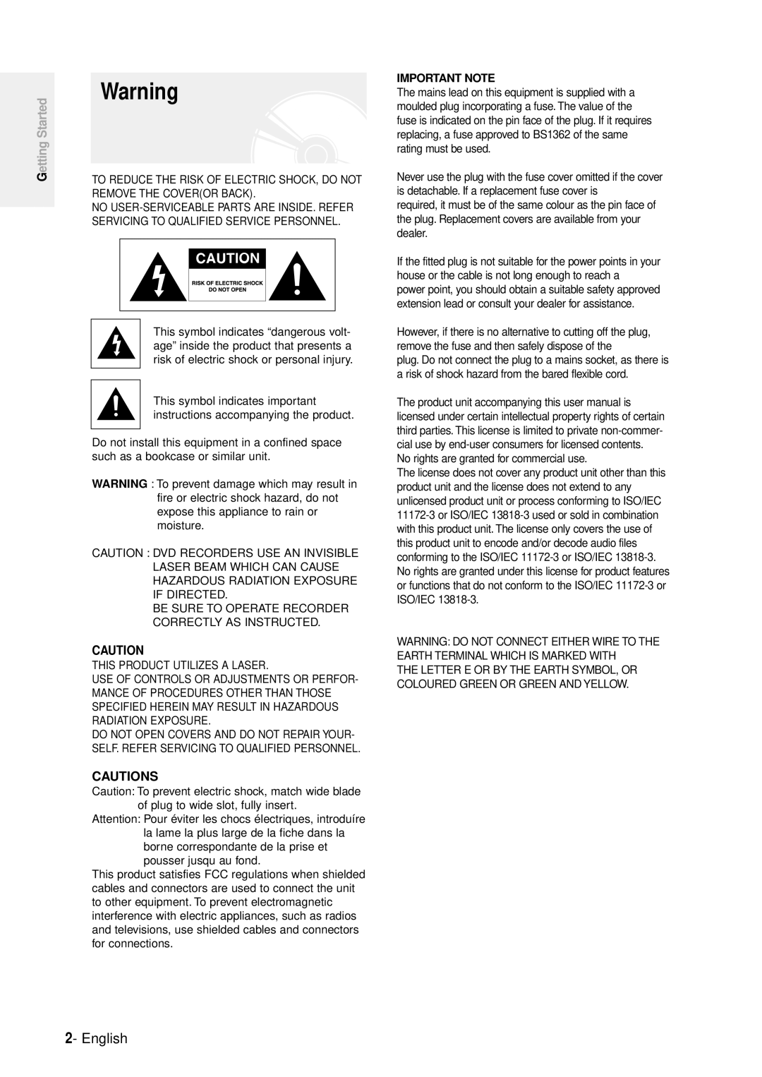 Samsung DVD-R100E/EUR manual Getting Started, No rights are granted for commercial use 