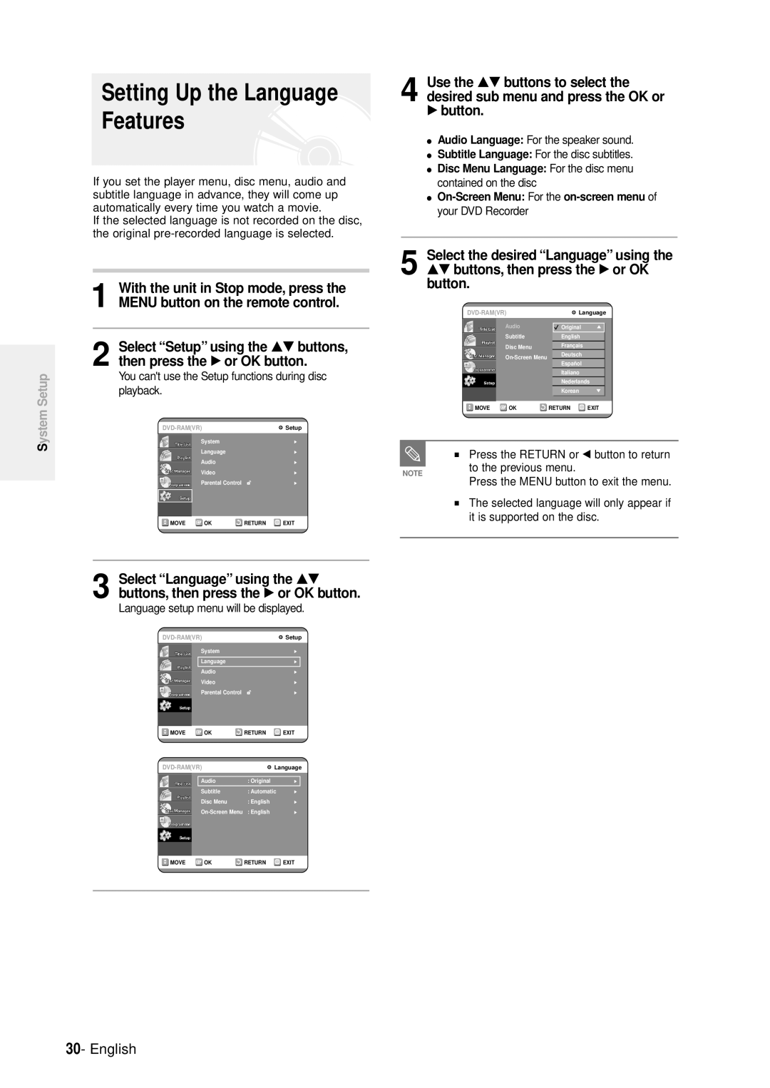 Samsung DVD-R100E/EUR manual √ button, You cant use the Setup functions during disc playback 