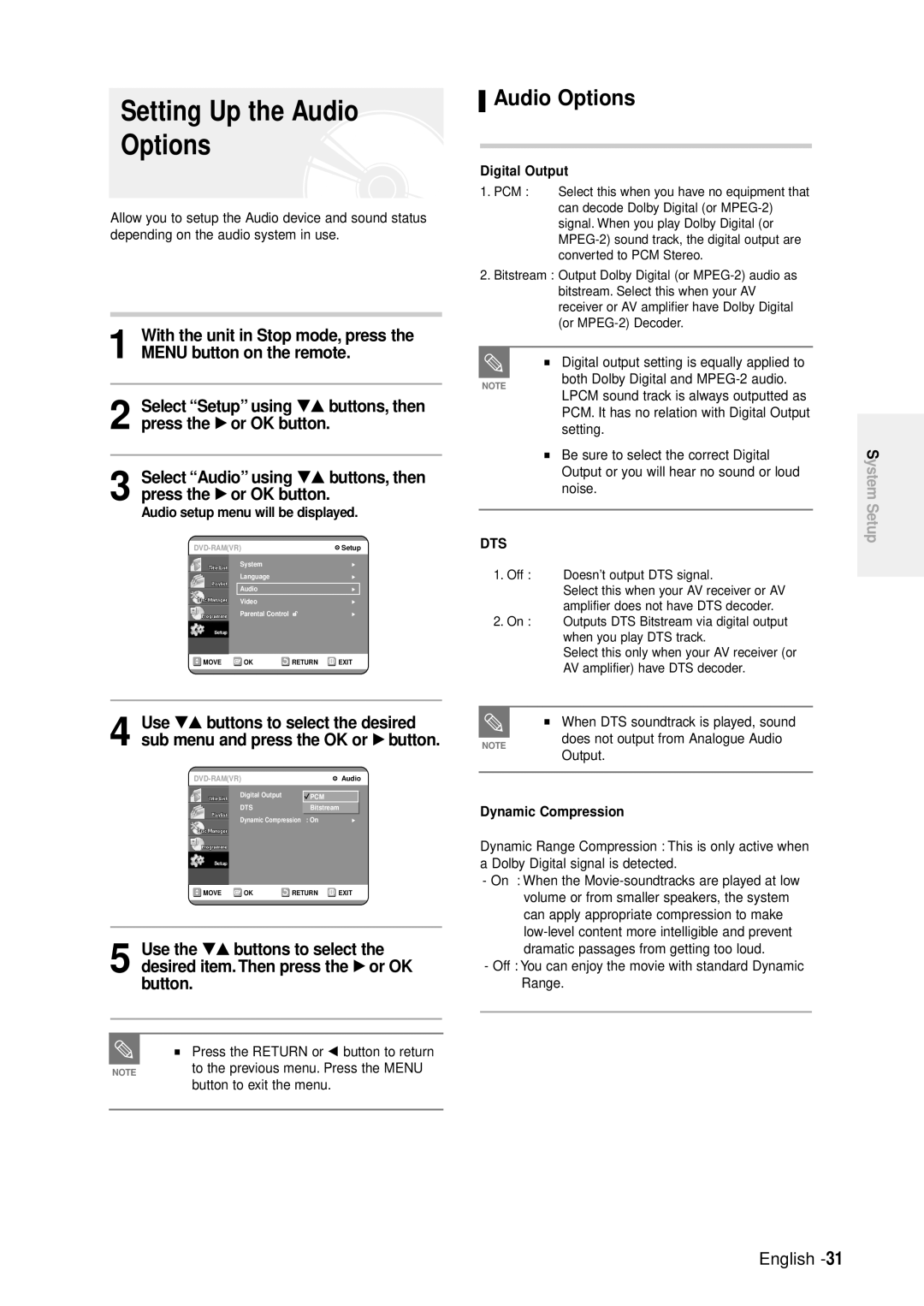 Samsung DVD-R100E/EUR manual Setting Up the Audio Options, Audio setup menu will be displayed, Digital Output 