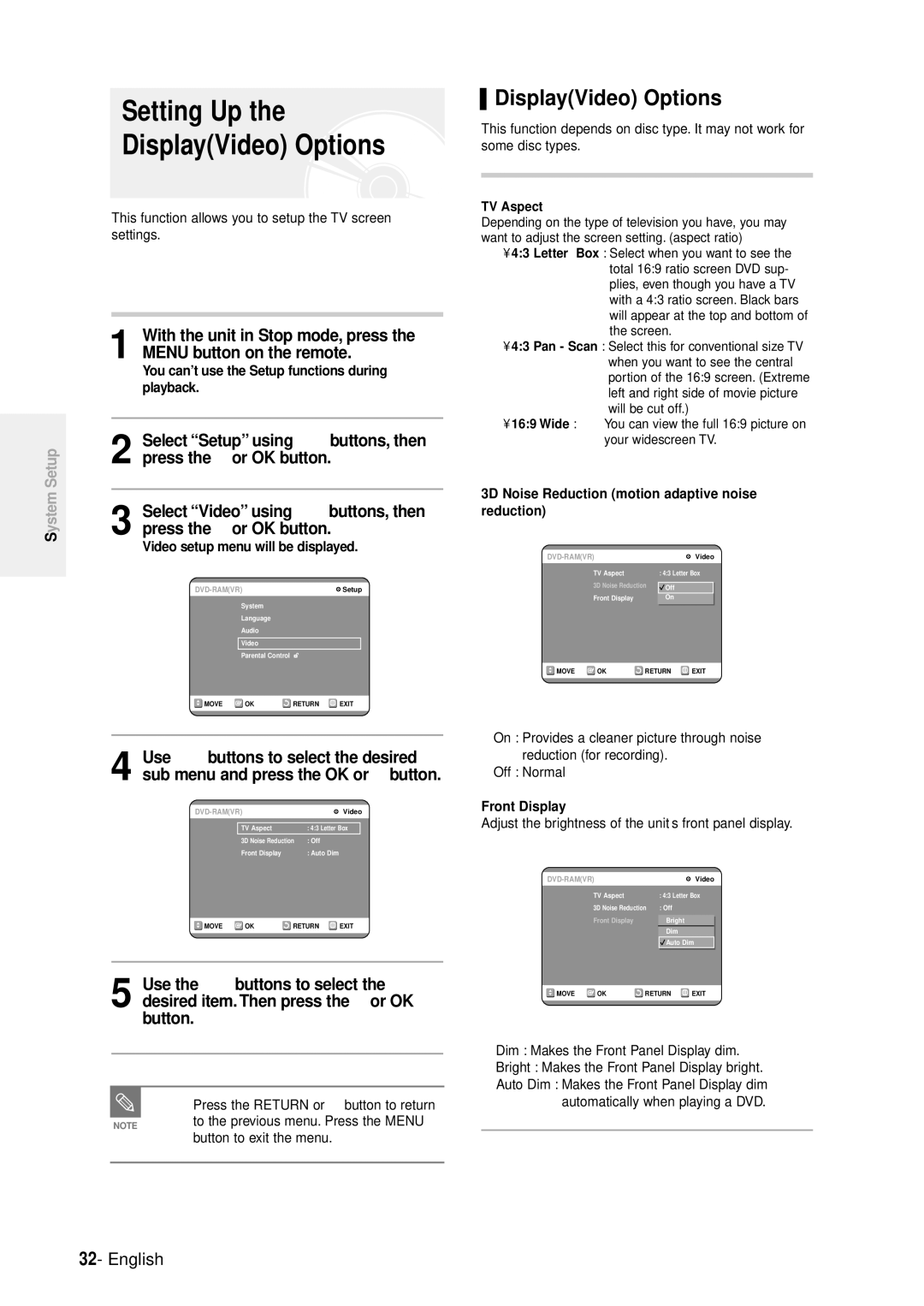 Samsung DVD-R100E/EUR manual DisplayVideo Options, Select Setup using †… buttons, then 