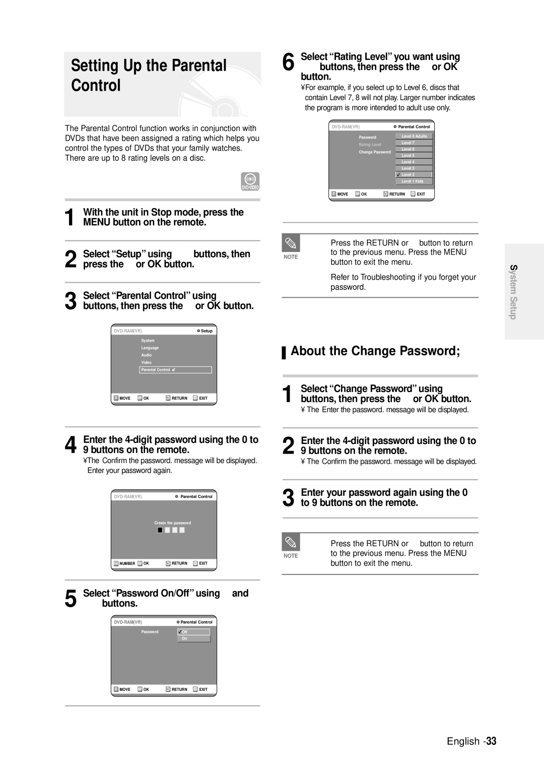 Samsung DVD-R100E/EUR manual Setting Up the Parental Control, About the Change Password 