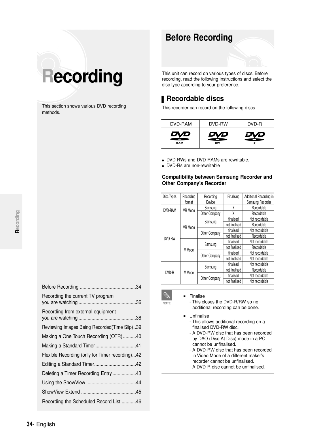 Samsung DVD-R100E/EUR manual Before Recording, Recordable discs 