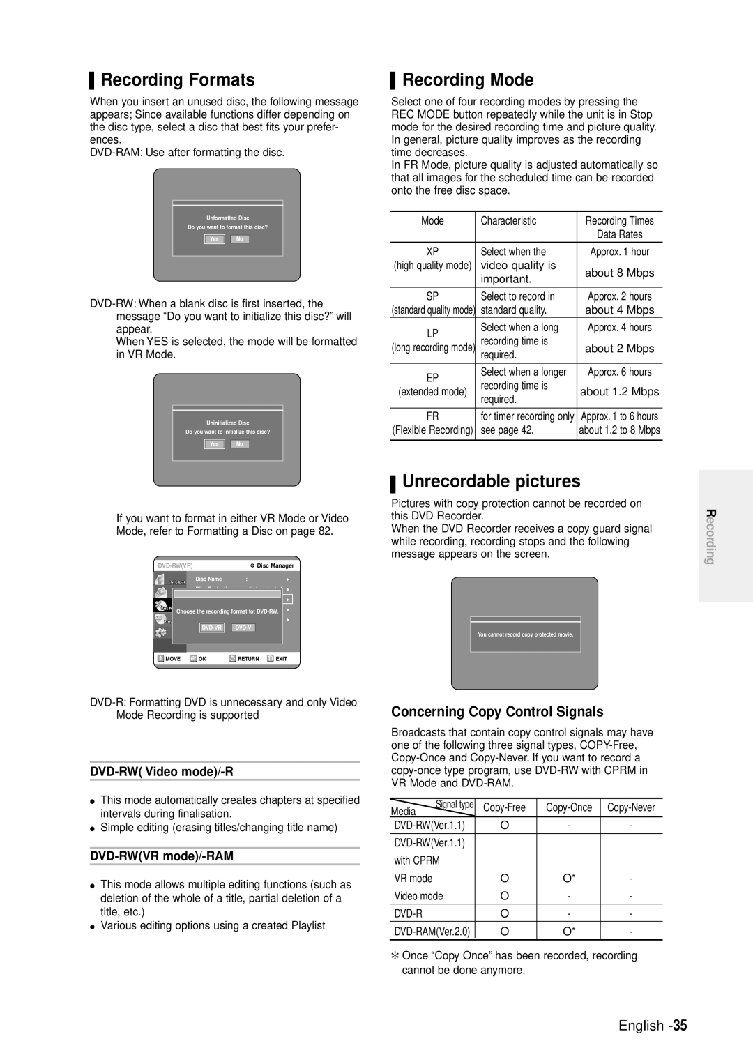 Samsung DVD-R100E/EUR manual Recording Formats, Recording Mode, Unrecordable pictures, Concerning Copy Control Signals 