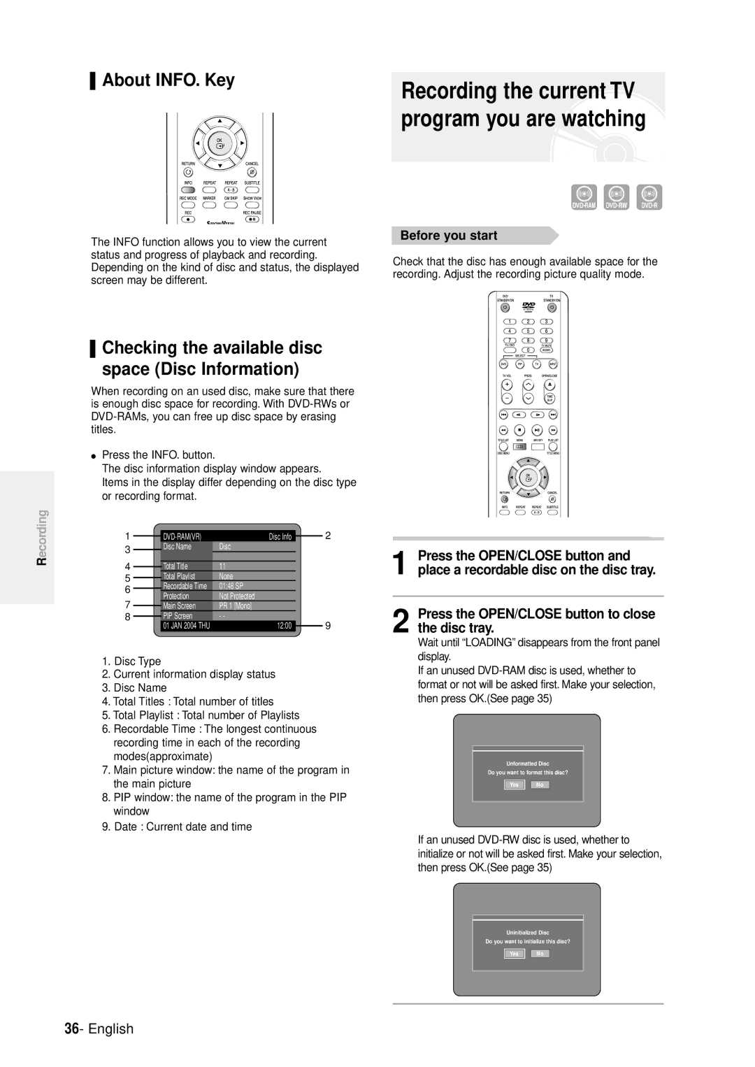 Samsung DVD-R100E/EUR manual About INFO. Key, Press the OPEN/CLOSE button to close the disc tray, Before you start 