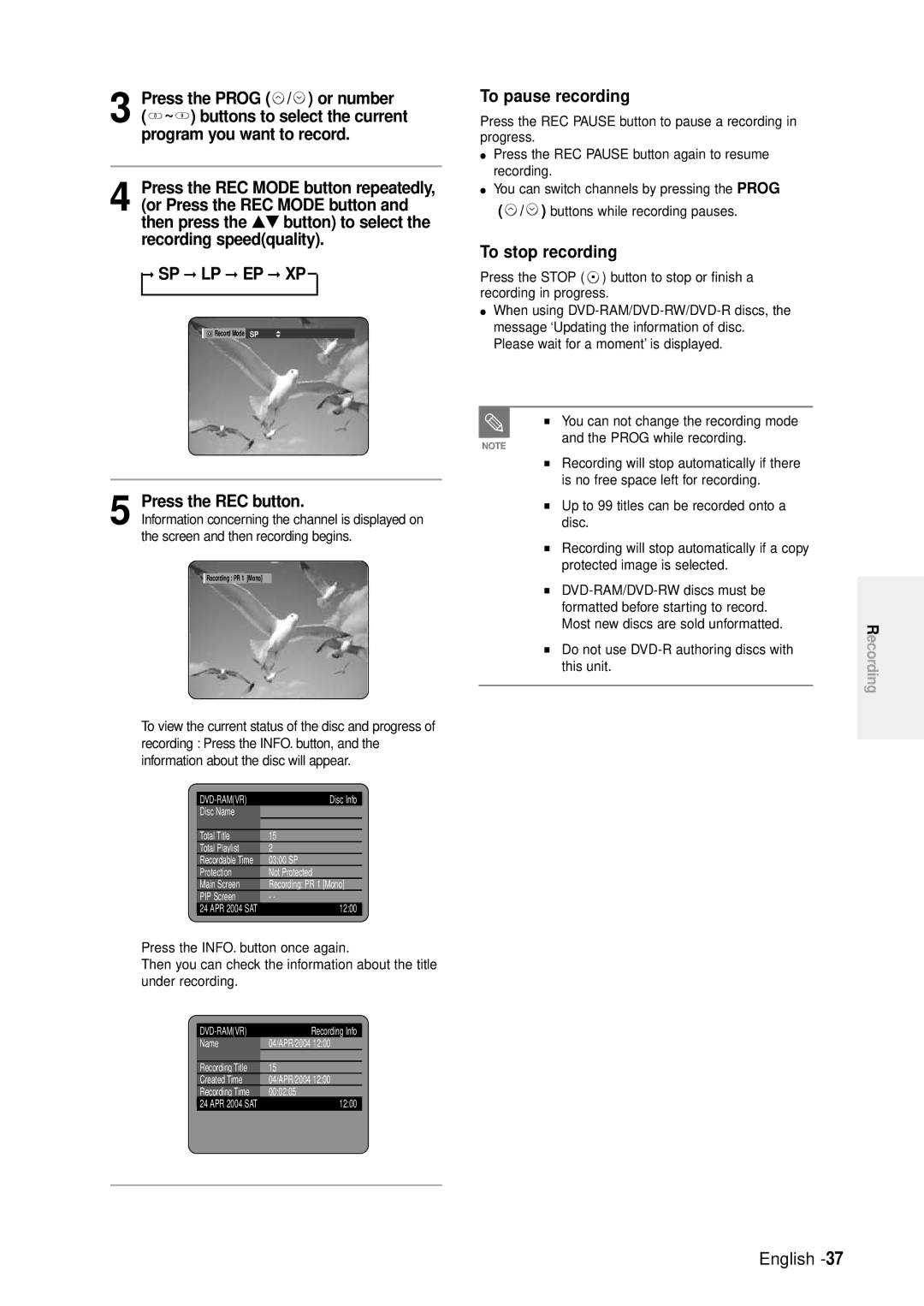 Samsung DVD-R100E/EUR manual Press the Prog / or number, Program you want to record, Sp Lp Ep Xp, Press the REC button 