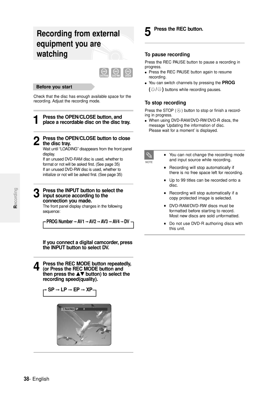 Samsung DVD-R100E/EUR manual Recording from external equipment you are watching, Press the REC button To pause recording 