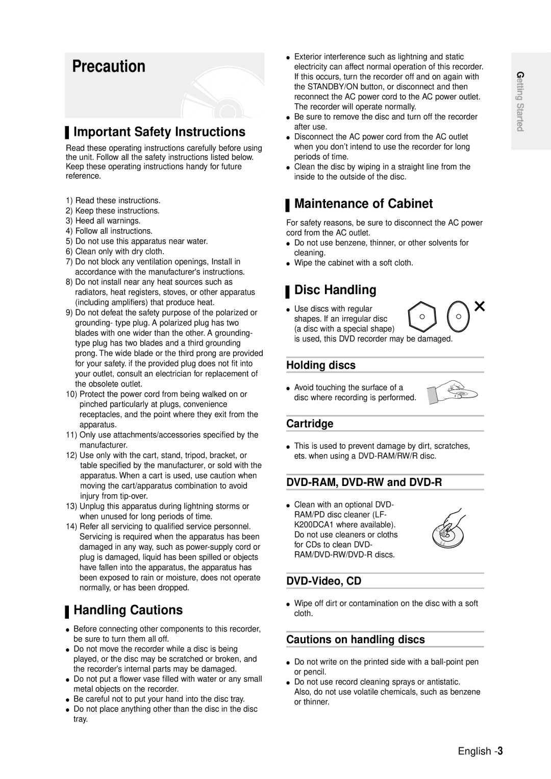 Samsung DVD-R100E/EUR Precaution, Important Safety Instructions, Handling Cautions, Maintenance of Cabinet, Disc Handling 