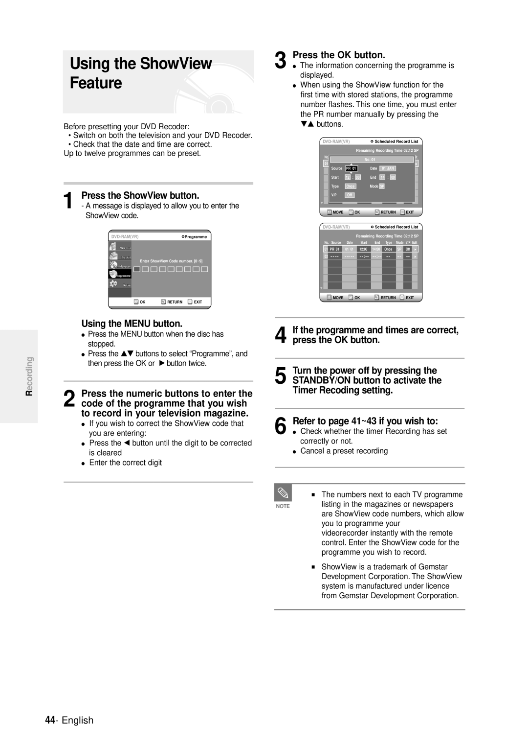 Samsung DVD-R100E/EUR manual Press the ShowView button, Using the Menu button, Refer to page 41~43 if you wish to 