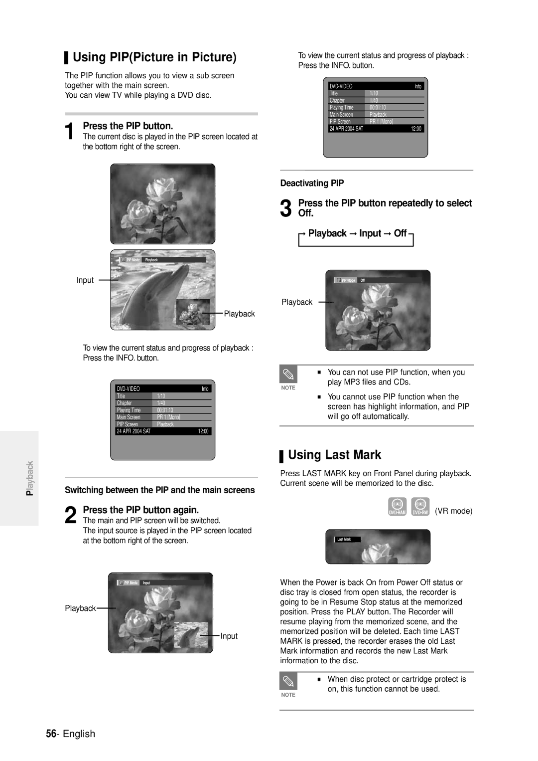 Samsung DVD-R100E/EUR manual Using PIPPicture in Picture, Using Last Mark, Press the PIP button again 