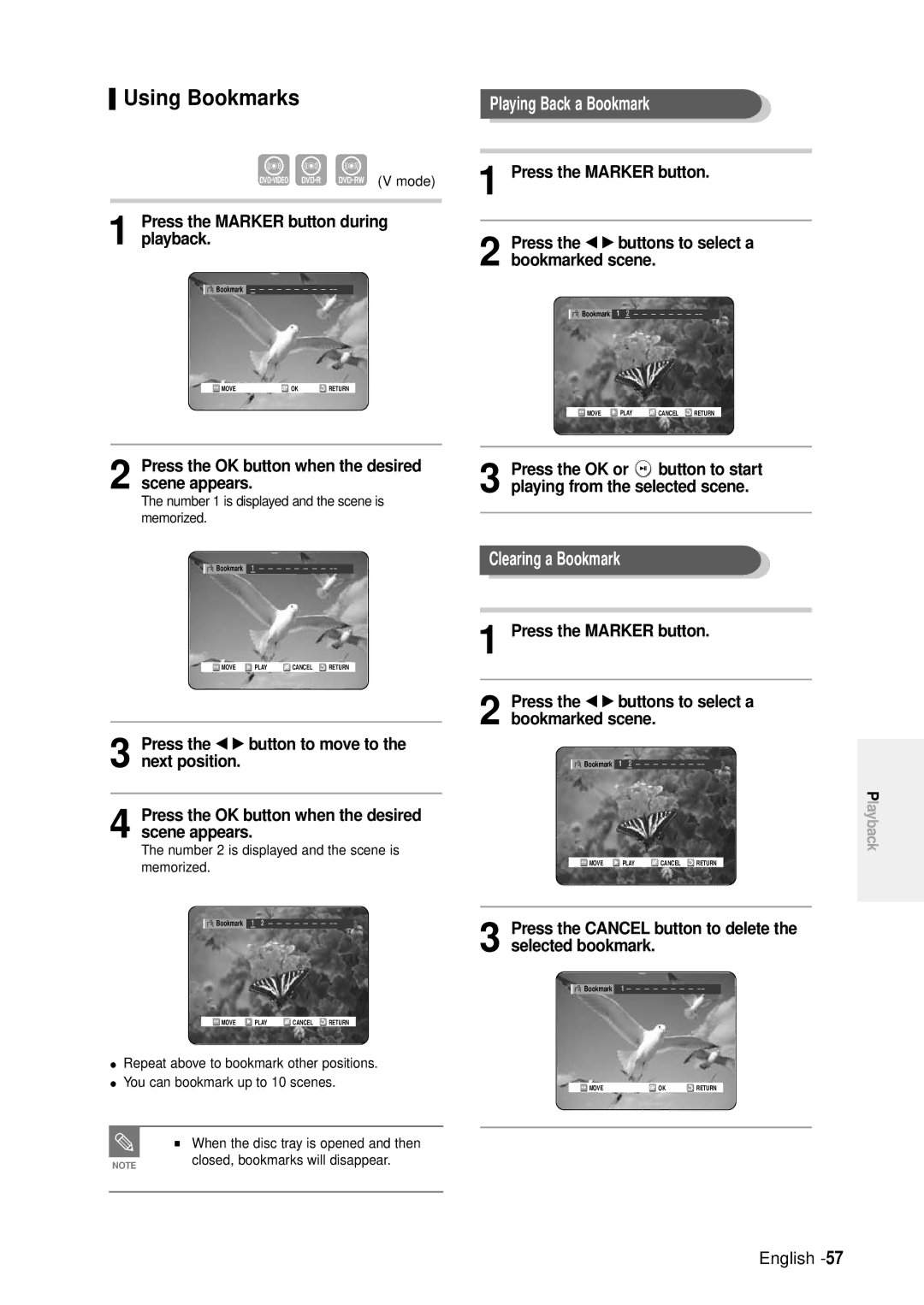 Samsung DVD-R100E/EUR manual Using Bookmarks, Playing Back a Bookmark, Clearing a Bookmark 