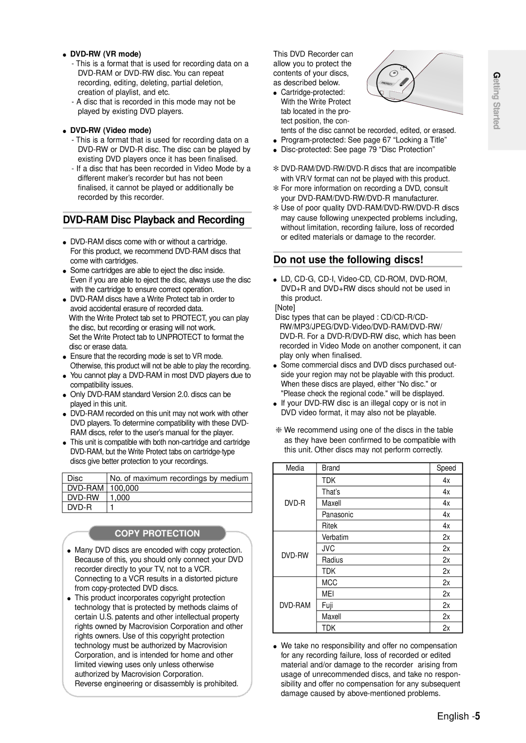 Samsung DVD-R100E/EUR manual DVD-RAM Disc Playback and Recording, Do not use the following discs, DVD-RW VR mode 