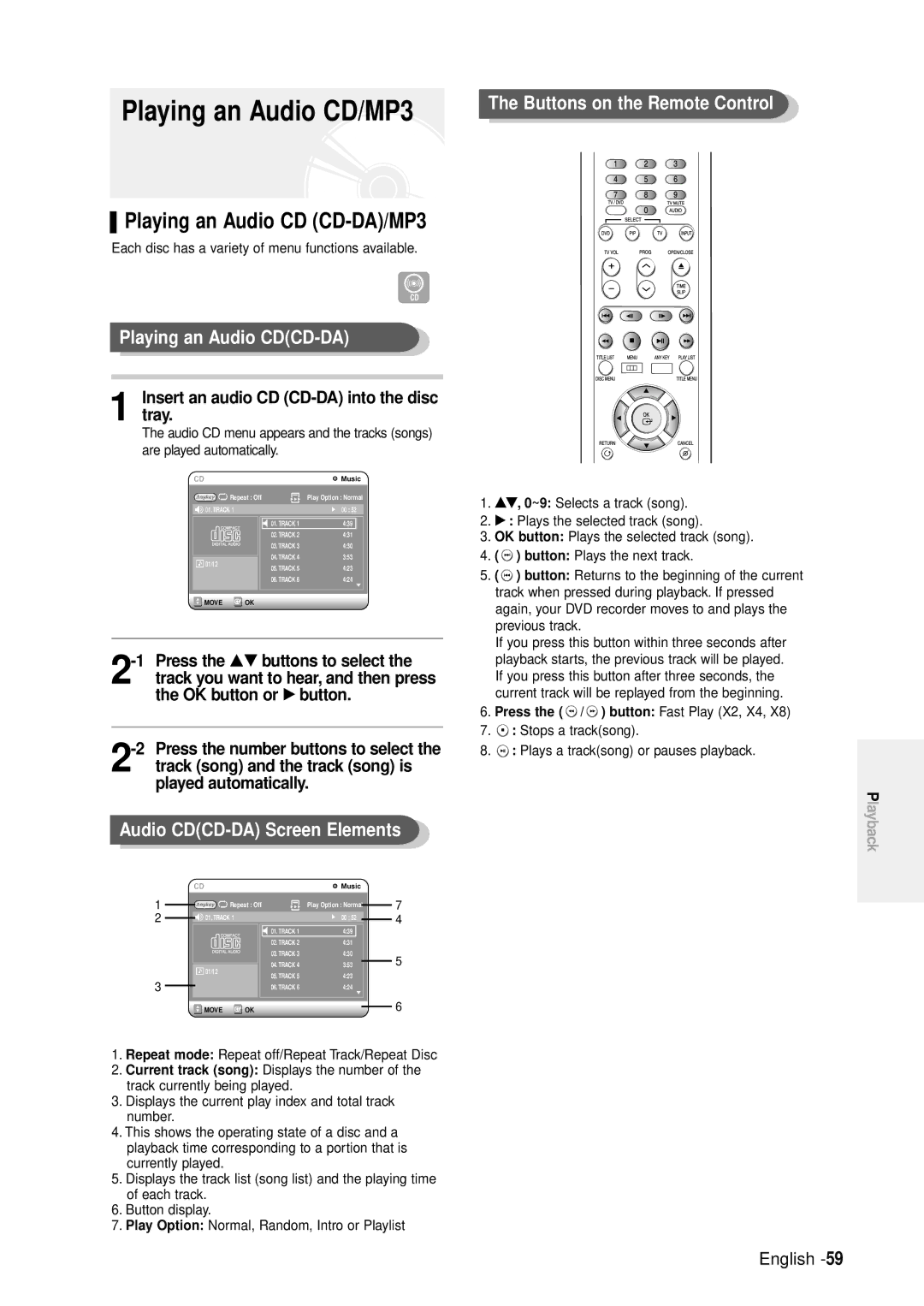 Samsung DVD-R100E/EUR manual Playing an Audio CD/MP3, Playing an Audio CDCD-DA, Audio CDCD-DA Screen Elements 