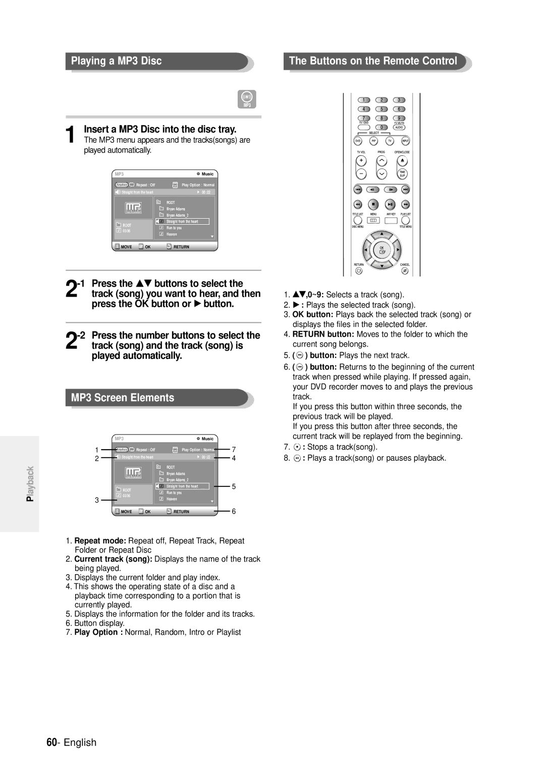 Samsung DVD-R100E/EUR manual Playing a MP3 Disc, MP3 Screen Elements, Displays the current folder and play index 