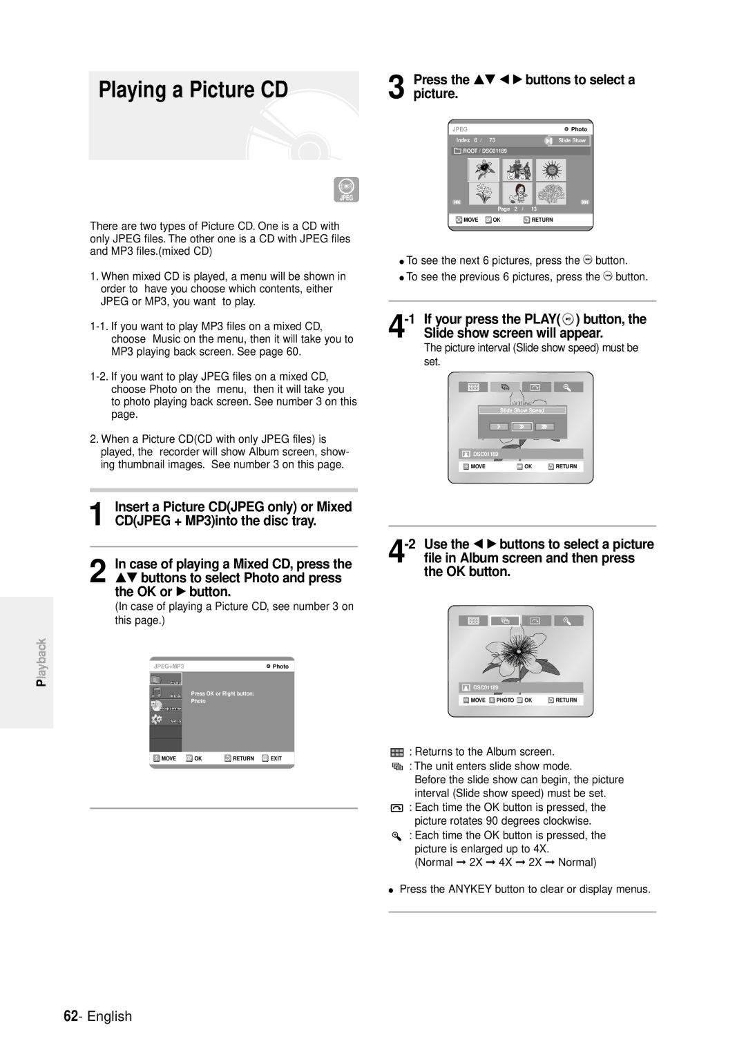 Samsung DVD-R100E/EUR manual Playing a Picture CD, Case of playing a Picture CD, see number 3 on this 