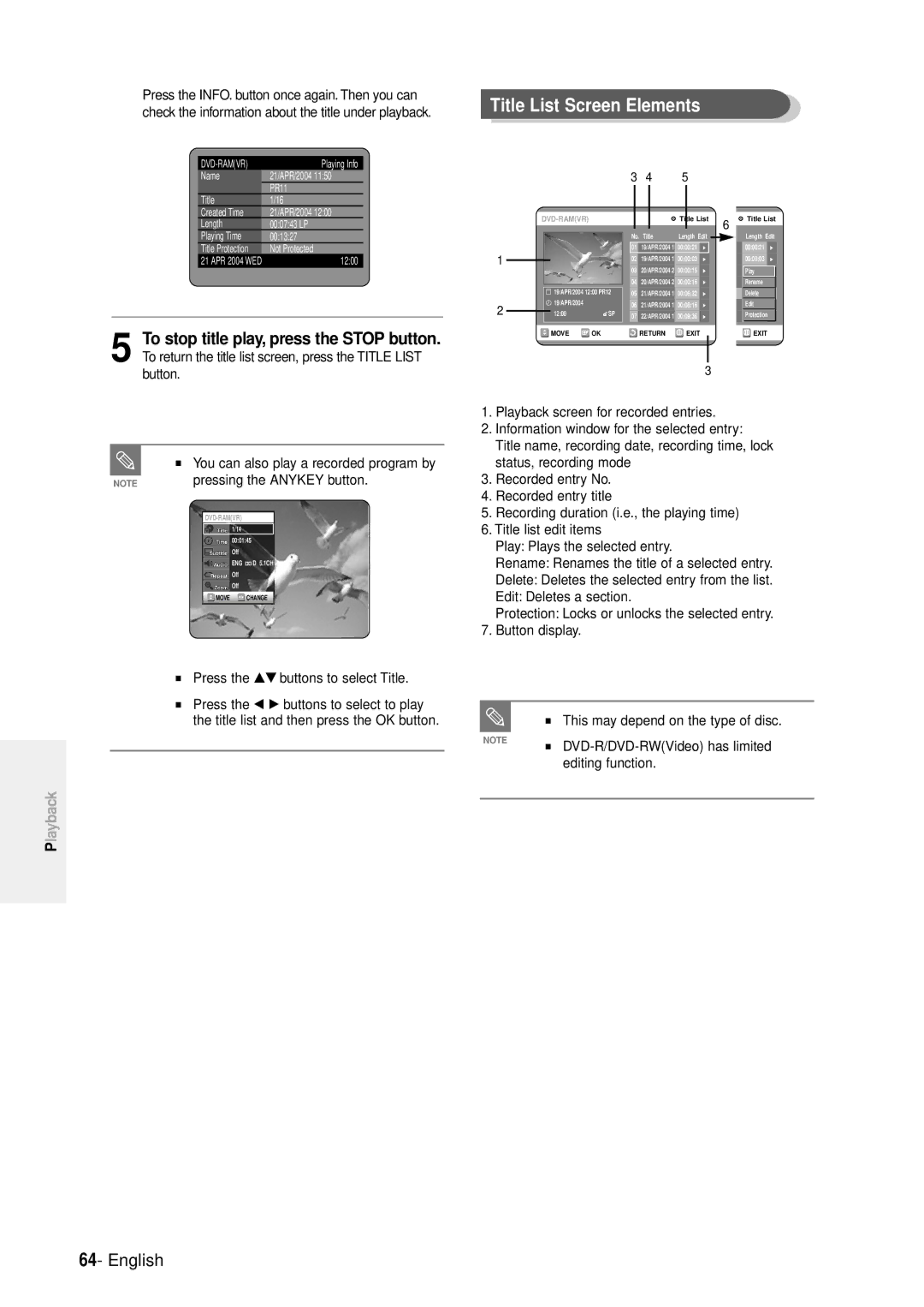 Samsung DVD-R100E/EUR manual Title List Screen Elements, Press the …† buttons to select Title 