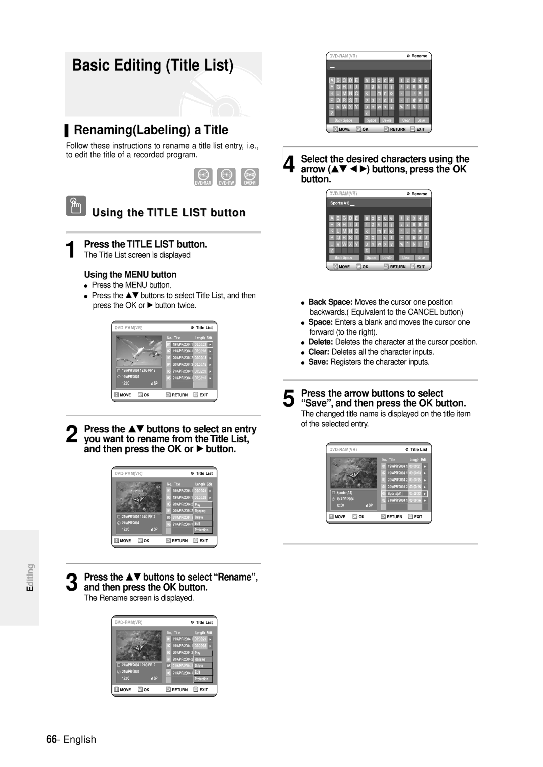 Samsung DVD-R100E/EUR manual Basic Editing Title List, RenamingLabeling a Title, Then press the OK or √ button 