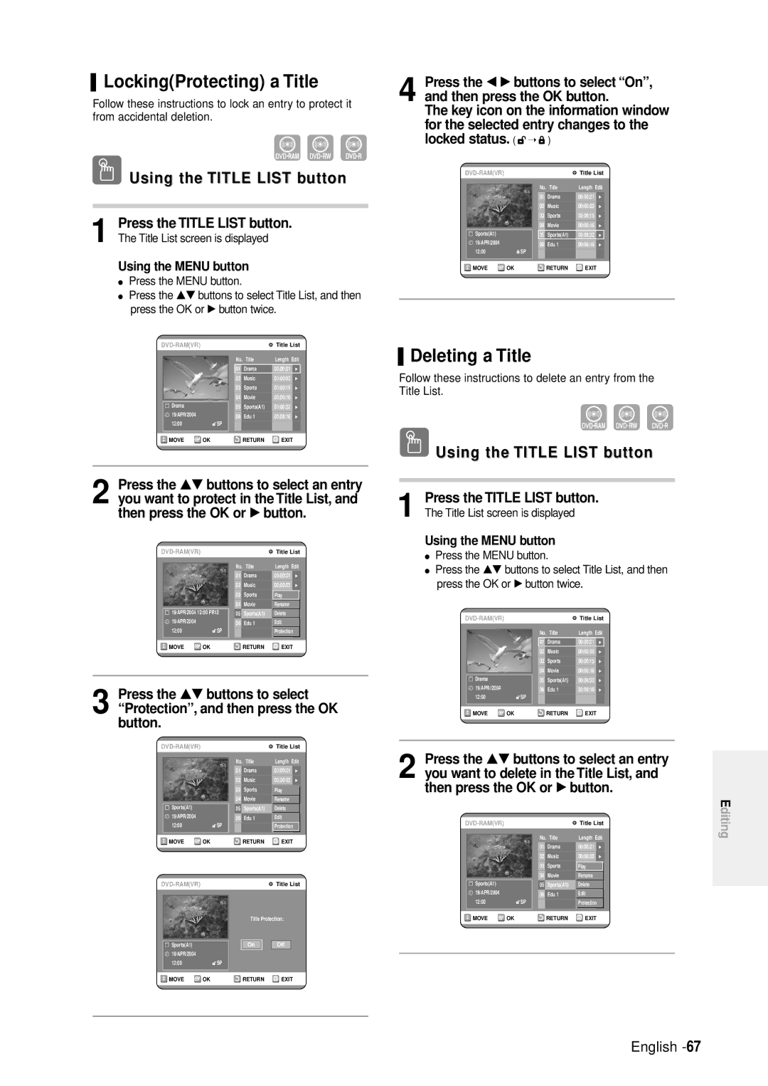 Samsung DVD-R100E/EUR manual LockingProtecting a Title, Deleting a Title 