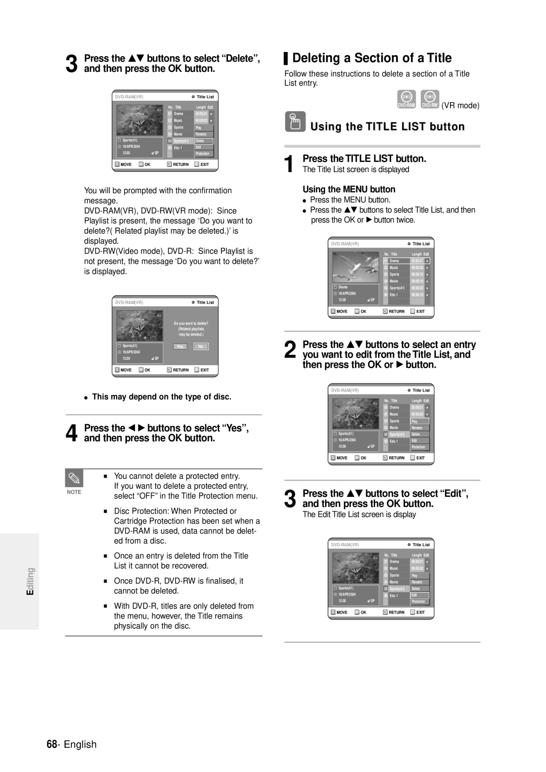 Samsung DVD-R100E/EUR manual Deleting a Section of a Title, This may depend on the type of disc 