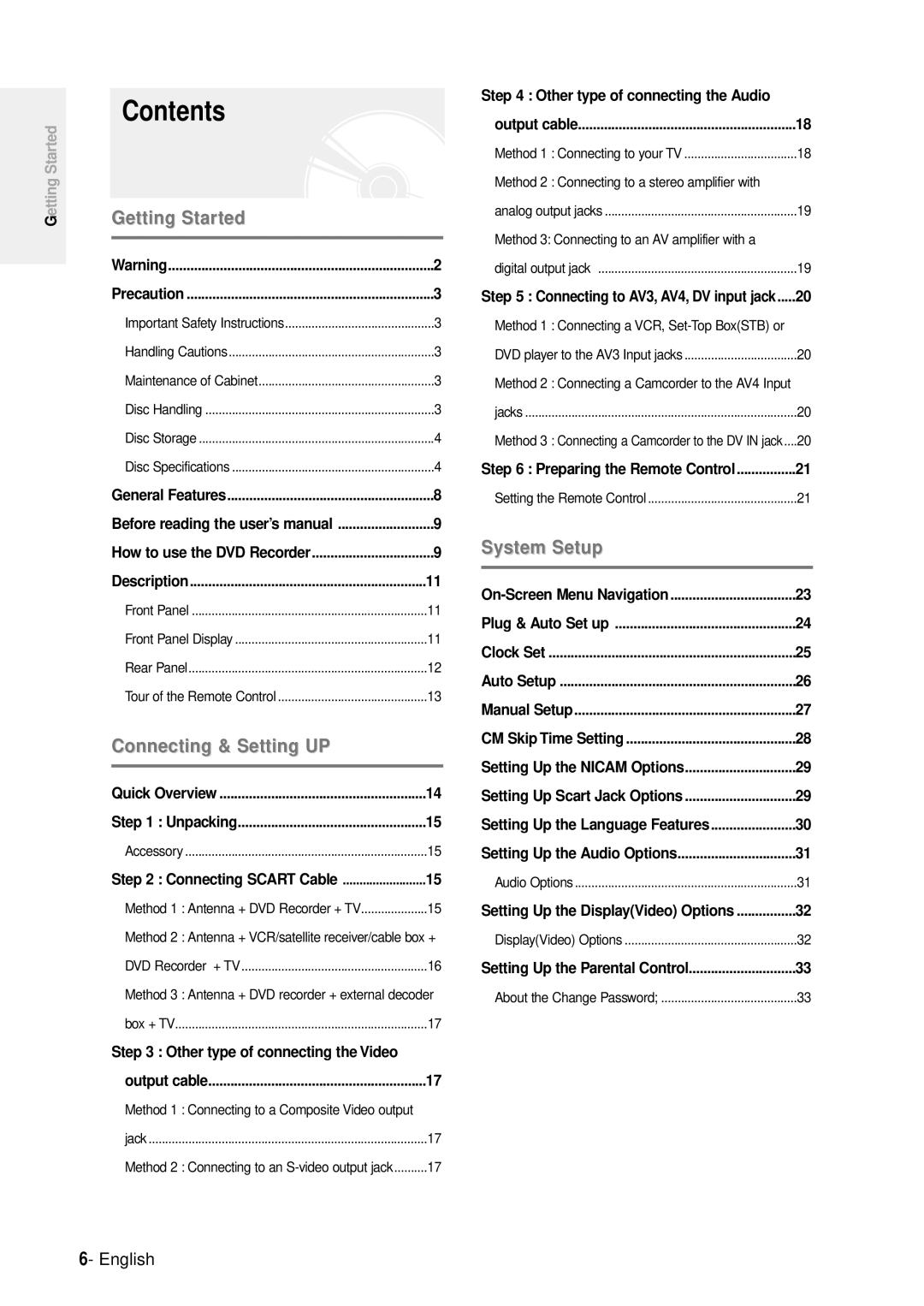 Samsung DVD-R100E/EUR manual Contents 