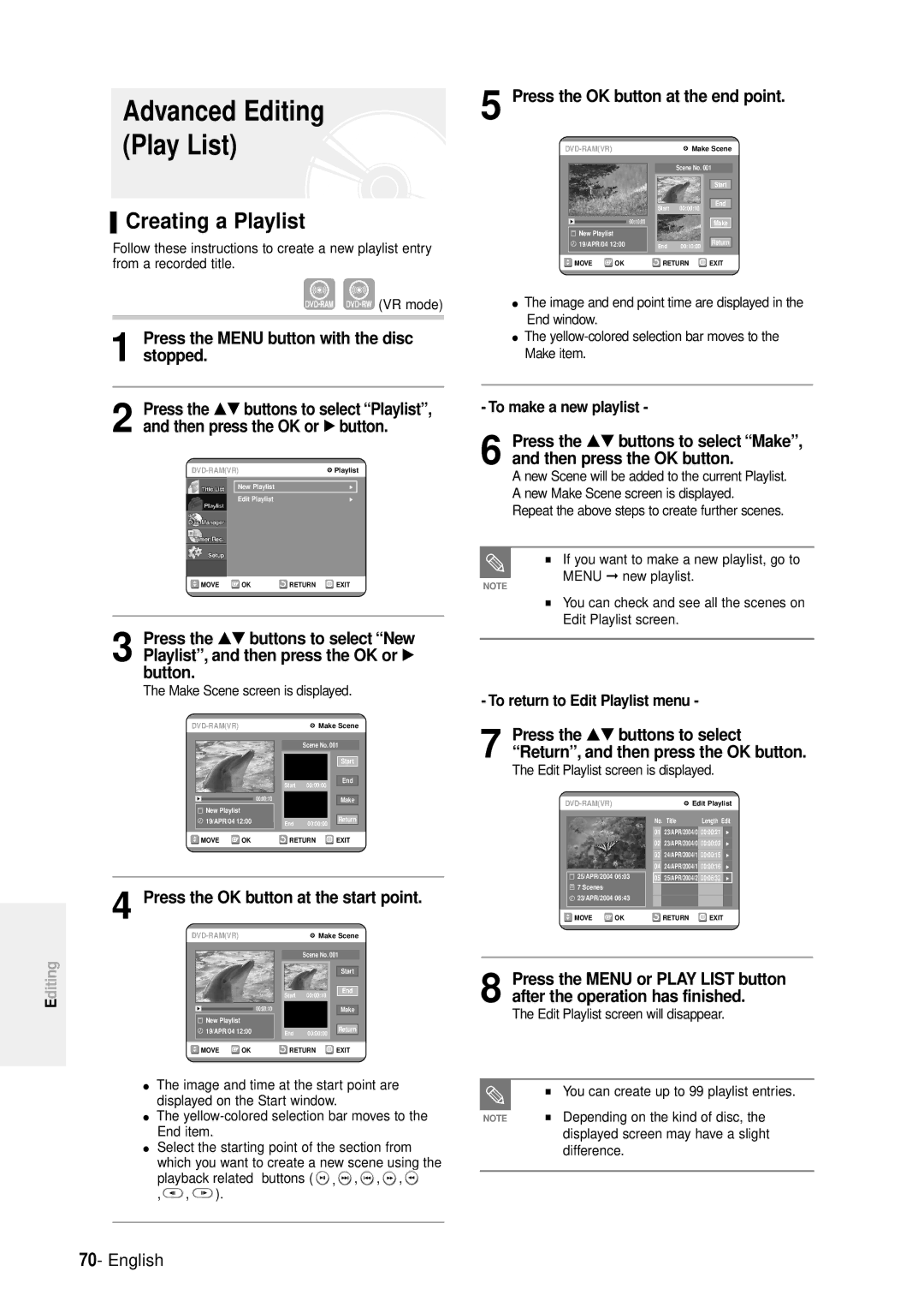 Samsung DVD-R100E/EUR manual Creating a Playlist, Press the Menu button with the disc stopped 