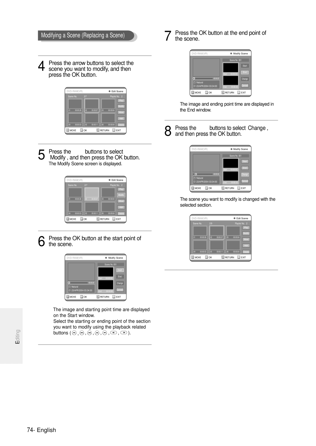 Samsung DVD-R100E/EUR manual Modifying a Scene Replacing a Scene, Press the OK button at the start point of the scene 