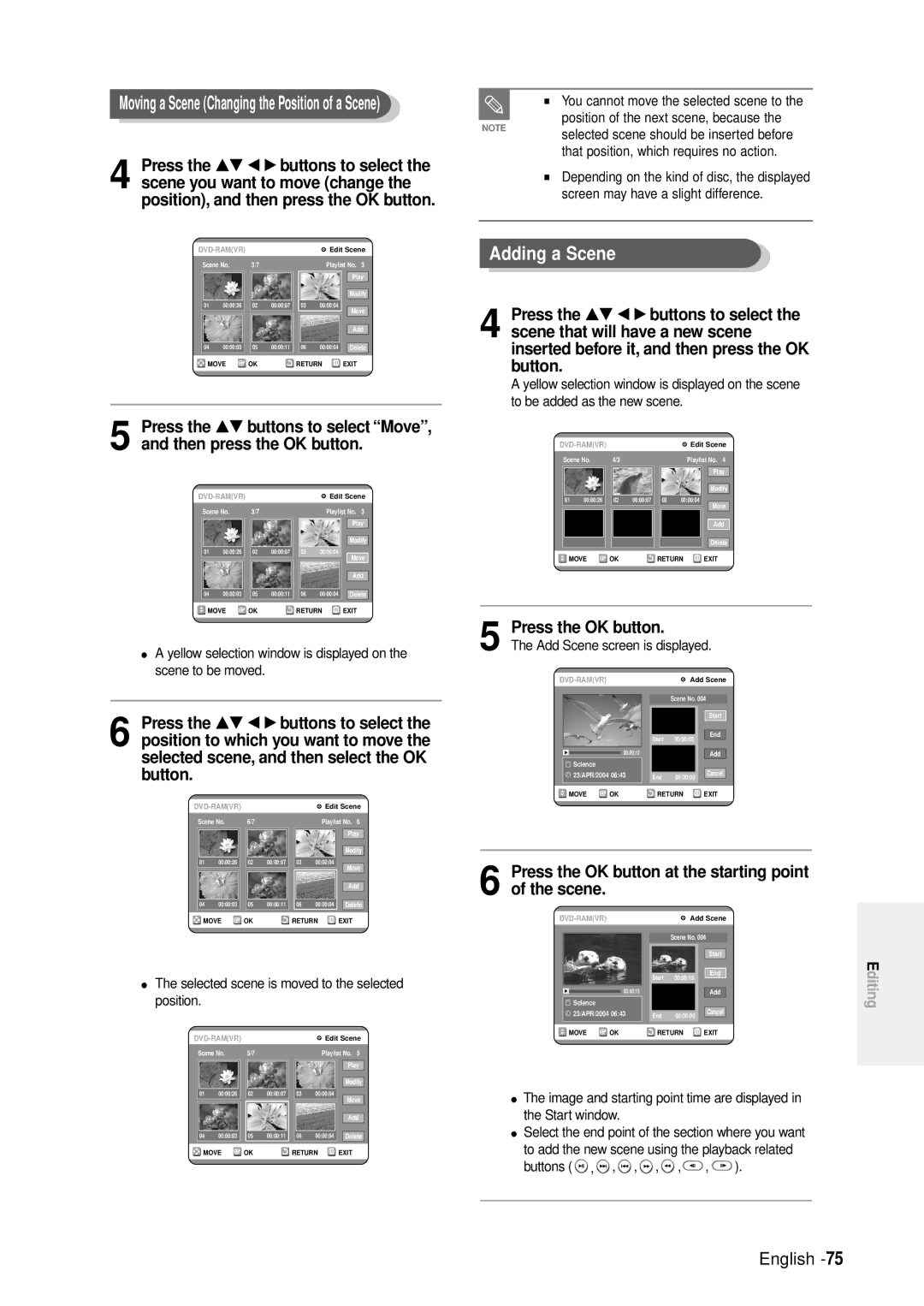 Samsung DVD-R100E/EUR manual Adding a Scene, Press the OK button at the starting point of the scene 