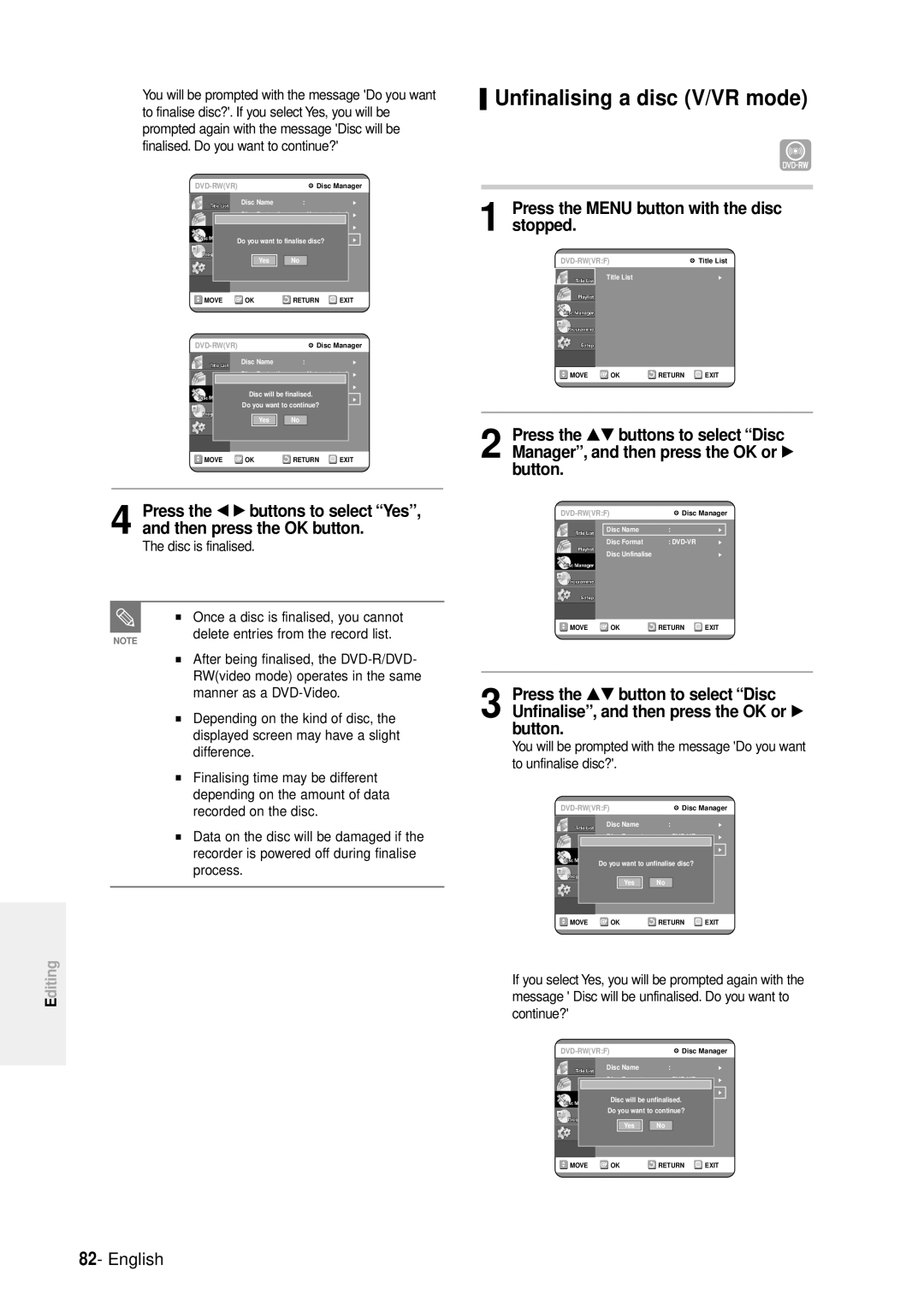 Samsung DVD-R100E/EUR manual Unfinalising a disc V/VR mode 