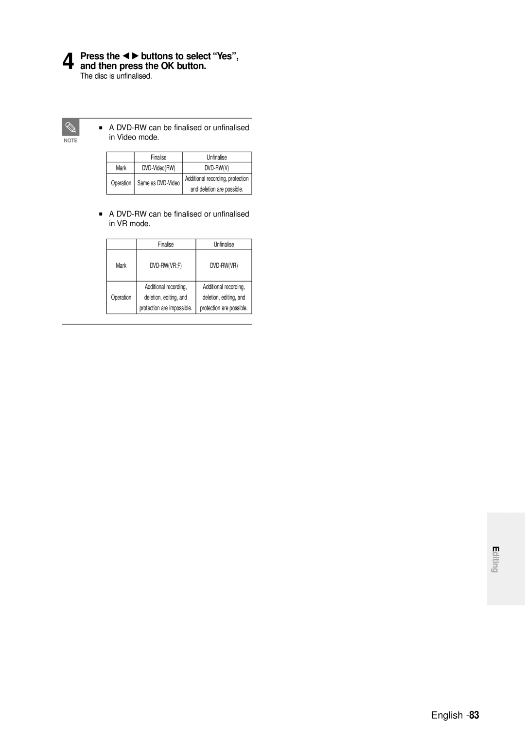 Samsung DVD-R100E/EUR manual DVD-RW can be finalised or unfinalised in VR mode, Mark 