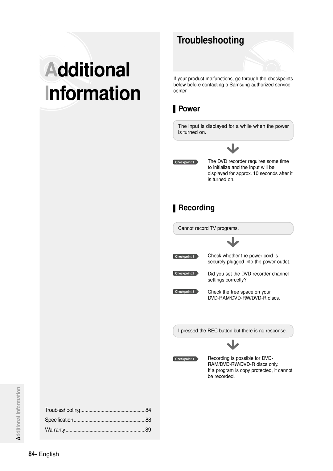 Samsung DVD-R100E/EUR manual Troubleshooting, Power, Recording 