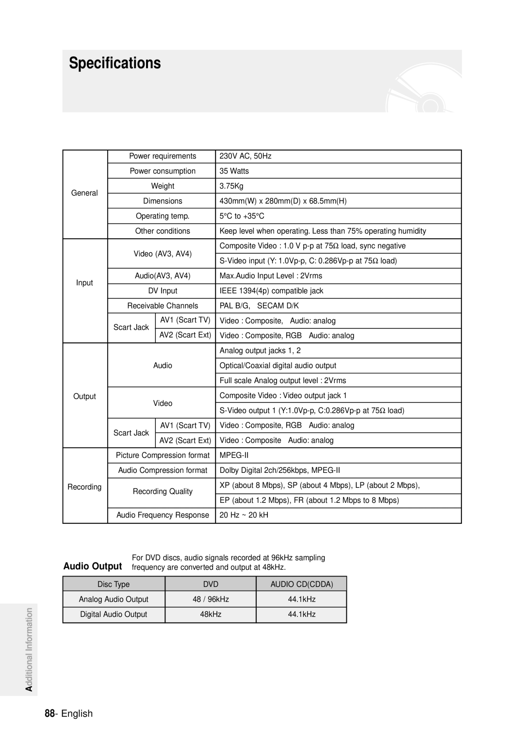 Samsung DVD-R100E/EUR manual Specifications, Audio Output 