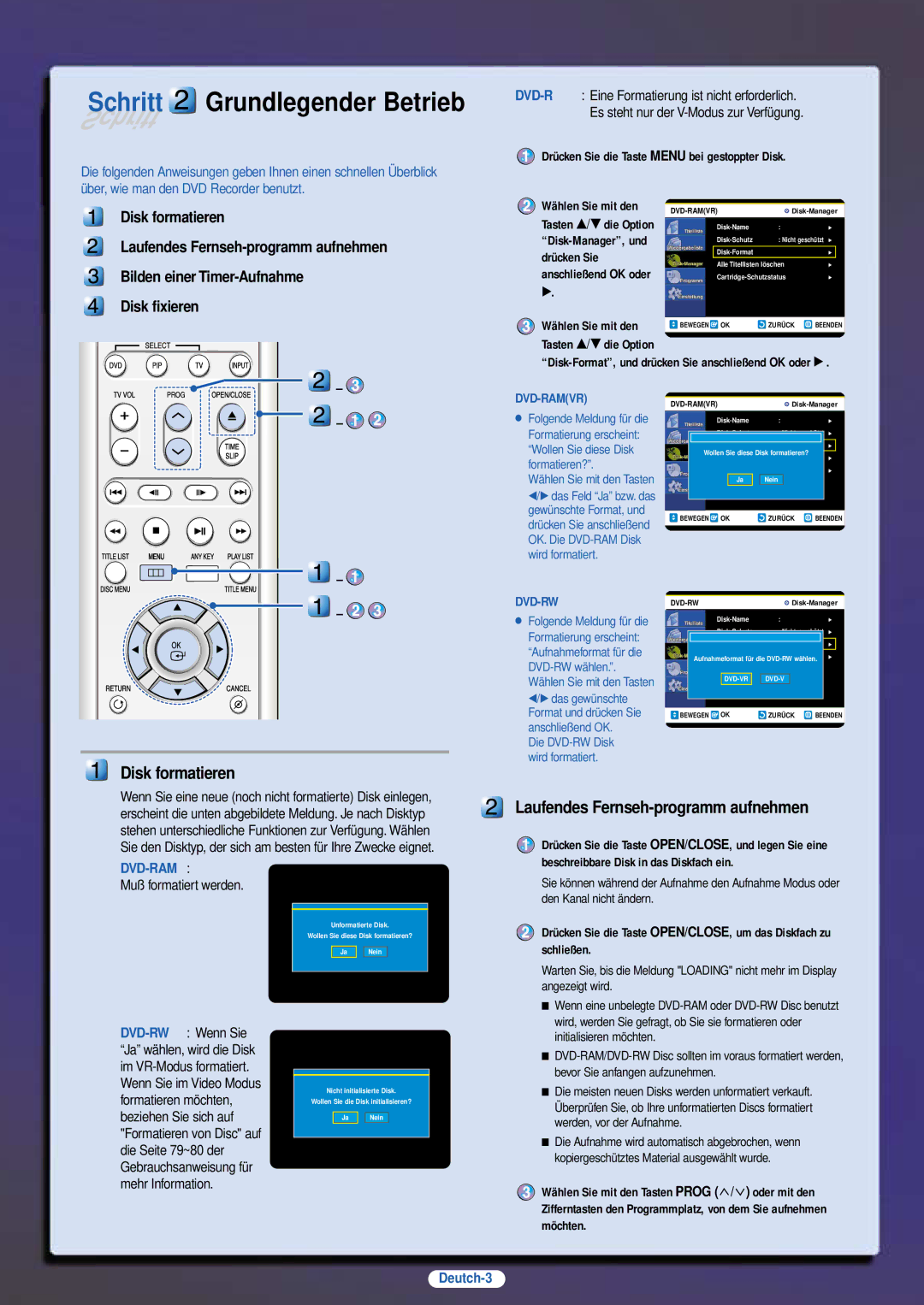 Samsung DVD-R100E/XEG manual Disk formatieren, Laufendes Fernseh-programm aufnehmen, Deutch-3 