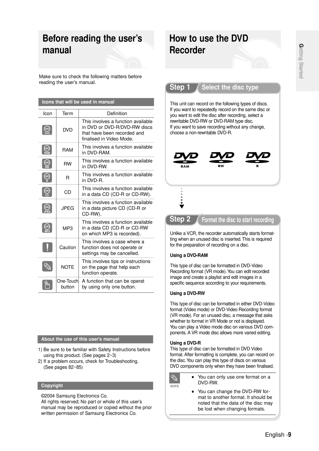 Samsung DVD-R100E/XET, DVD-R100E/XEE manual How to use the DVD, Manual Recorder, Using a DVD-RAM, Using a DVD-RW 