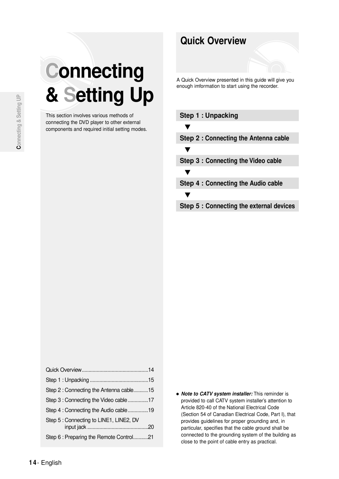 Samsung DVD-R100E/XEE, DVD-R100E/XET manual Quick Overview Unpacking, Connecting the Audio cable, Input jack 