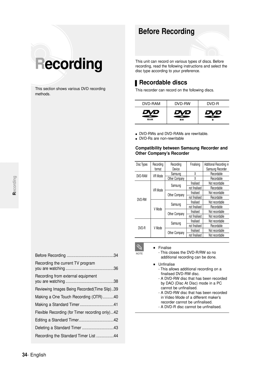 Samsung DVD-R100E/XEE, DVD-R100E/XET manual Before Recording, Recordable discs 