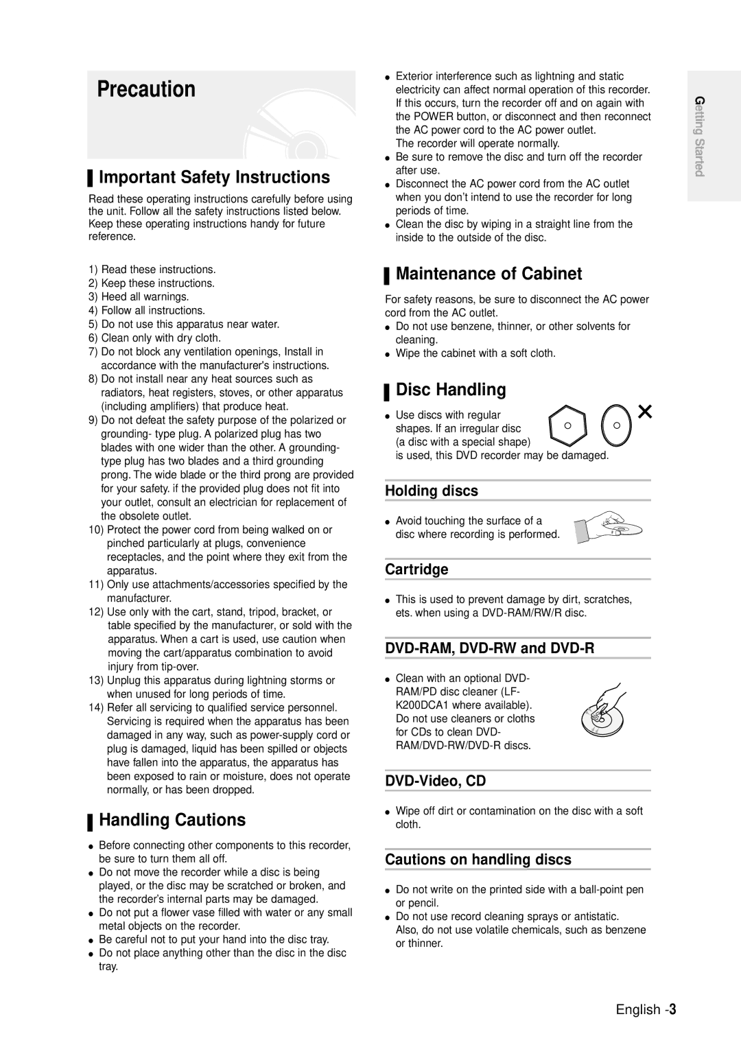 Samsung DVD-R100E/XET Precaution, Important Safety Instructions, Handling Cautions, Maintenance of Cabinet, Disc Handling 