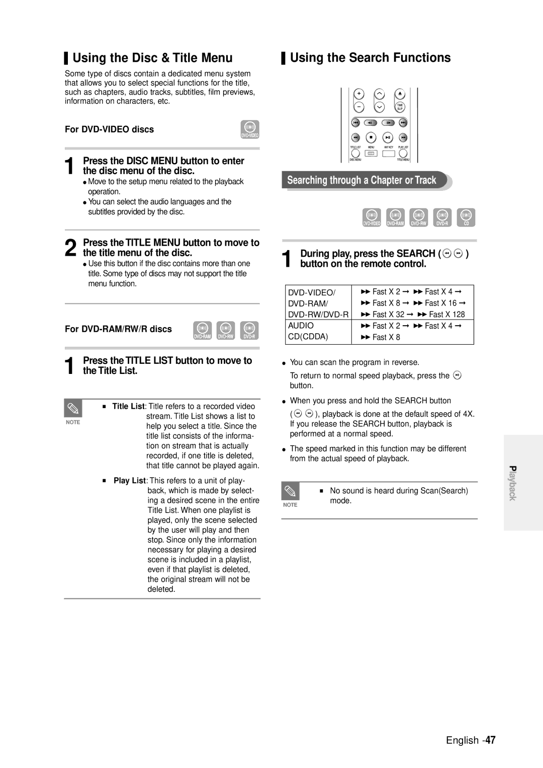 Samsung DVD-R100E/XET manual Using the Disc & Title Menu, Using the Search Functions, Searching through a Chapter or Track 