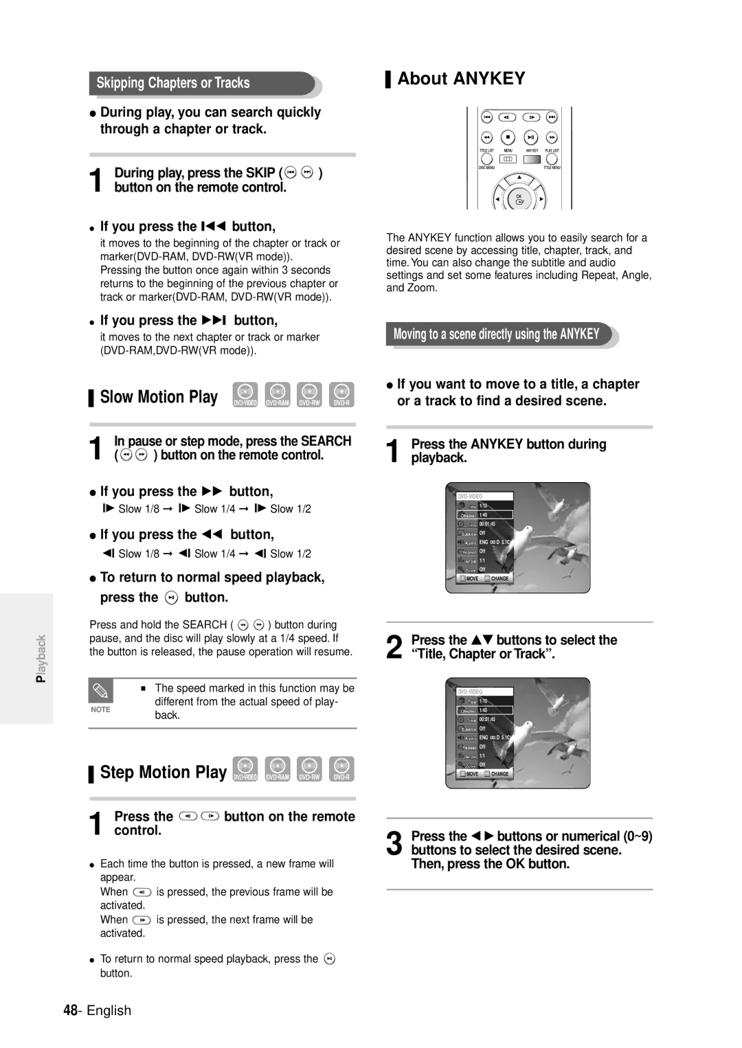 Samsung DVD-R100E/XEE, DVD-R100E/XET manual Slow Motion Play, Step Motion Play, About Anykey, Skipping Chapters or Tracks 