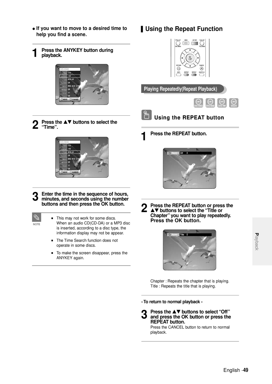 Samsung DVD-R100E/XET, DVD-R100E/XEE Using the Repeat Function, Playing RepeatedlyRepeat Playback, Using the Repeat button 