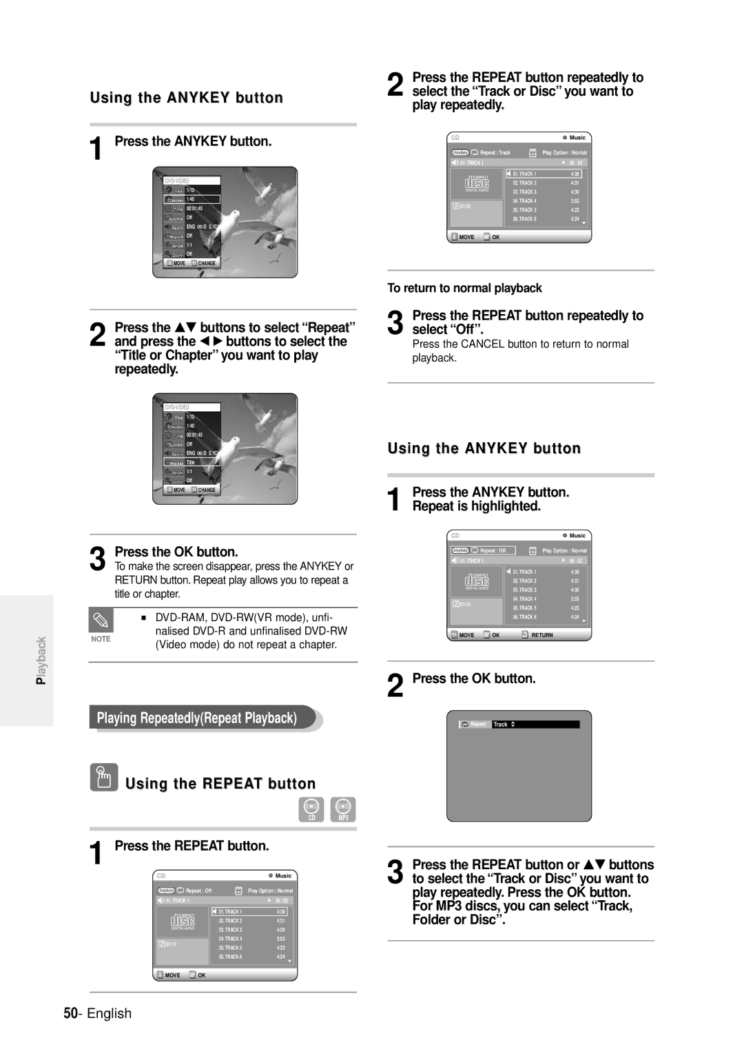 Samsung DVD-R100E/XEE Using the Anykey button, Press the Anykey button, Press the Repeat button repeatedly to select Off 